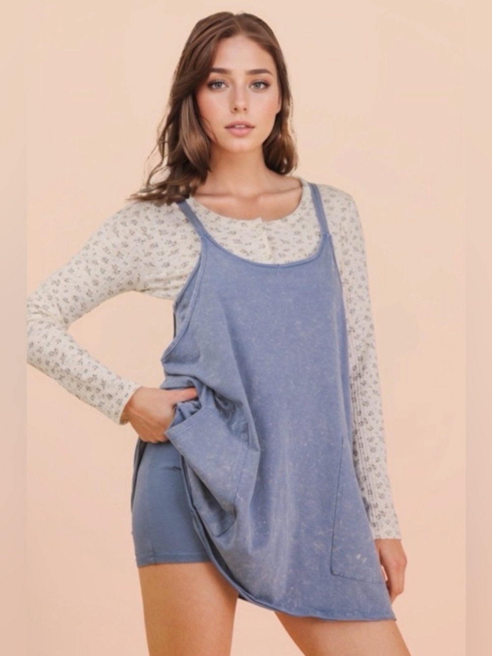 114. Mineral wash blue dress with shorts underneath